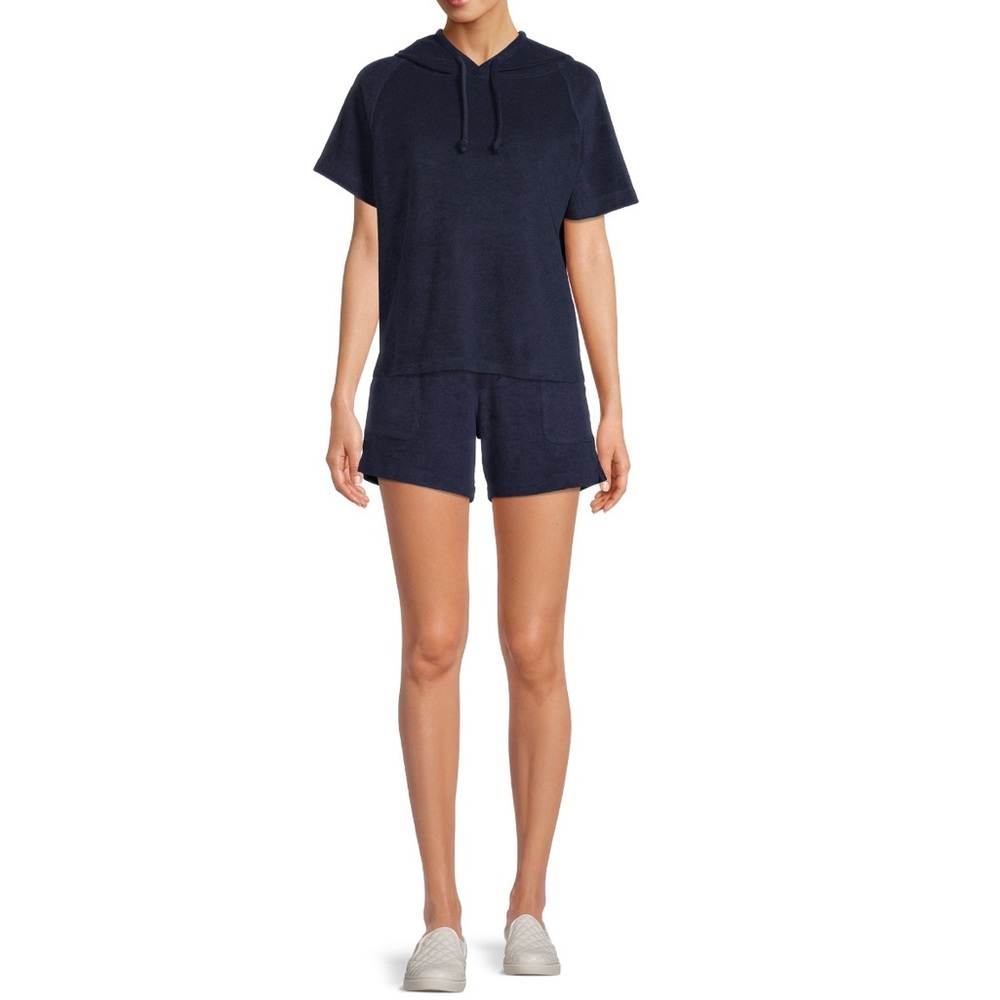 Blue 2 Piece Set Short Sleeve Hooded French Terry With Drawstring Shorts